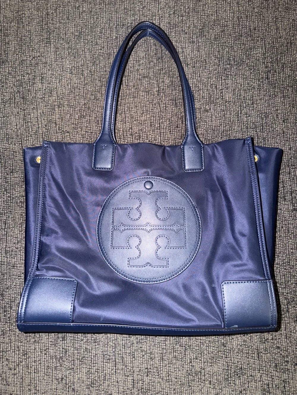 Tory Burch Navy Logo Tote with Leather Trim